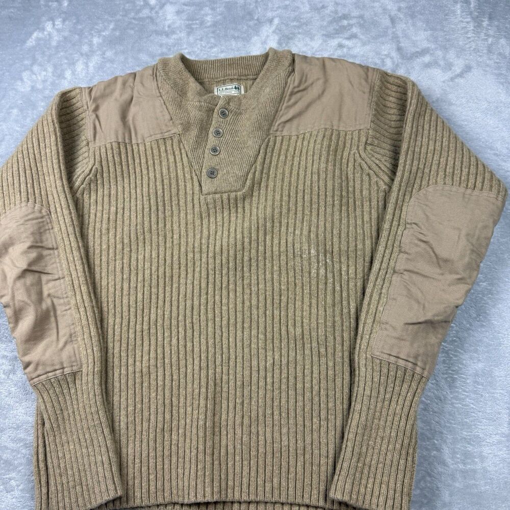L.L.Bean 100% Merino Wool Rib Knit Henley Sweater Elbow Patch Tan Men’s L - Picture 3 of 9